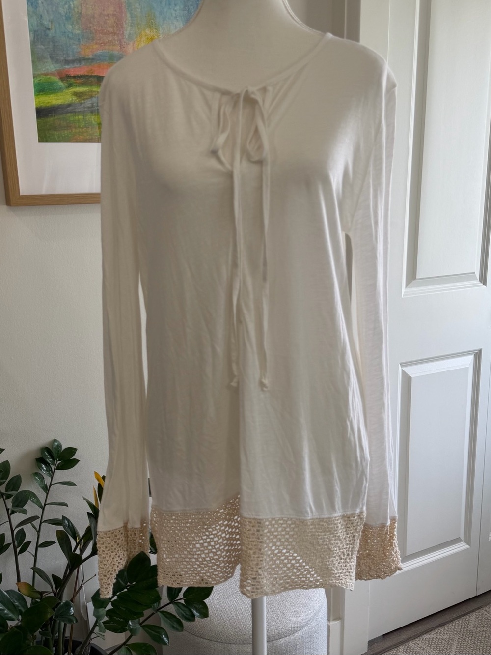 Michael Stars Crochet Trim Keyneck Long Sleeve Top White OS